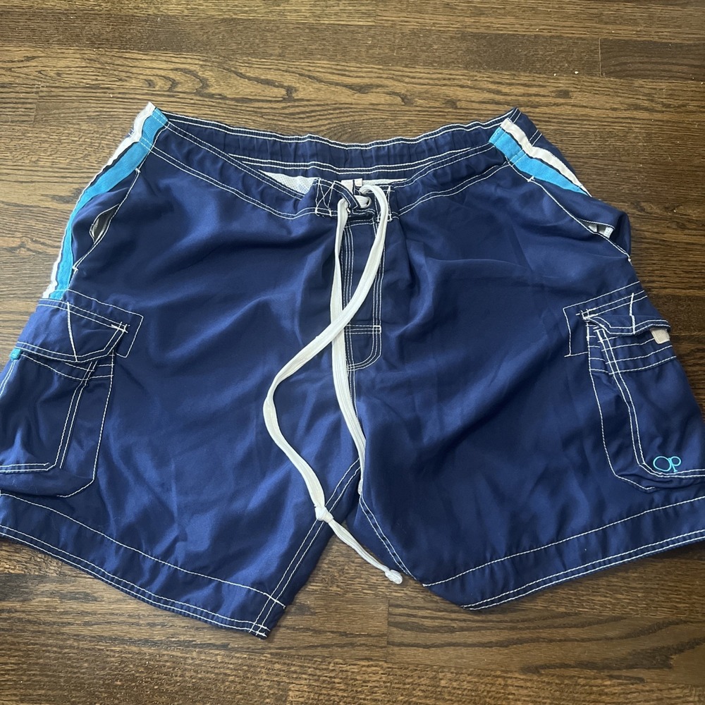 Vintage y2k ocean pacific Navy blue swim trunks with white stripes Men's 2XL